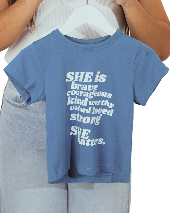 Kids Tee - SHE is (Bubble Print) in Blue