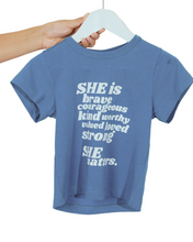 Load image into Gallery viewer, Kids Tee - SHE is (Bubble Print) in Blue