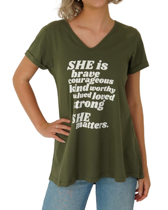 She is Green Tee with V neck (Bubble print)